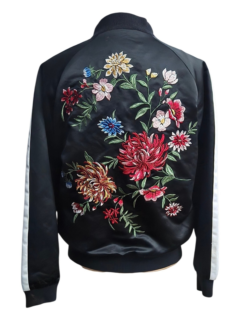 Forever 21 Black Satin Bomber Jacket with Multicolor Floral Embroidery